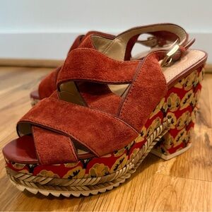 Tory Burch Rare Suede Platform Heels – Floral Block Heel – Size 6